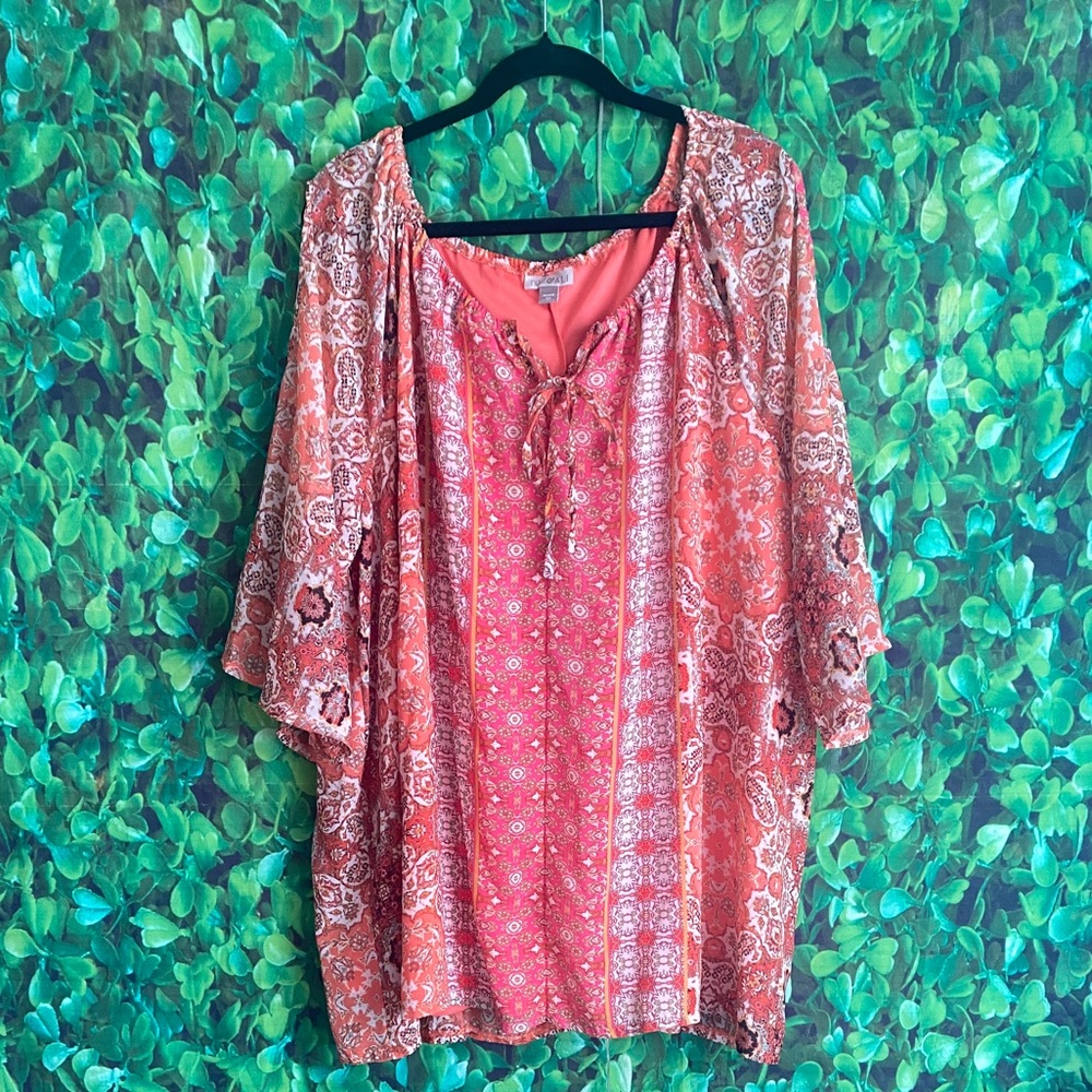 Roz & Ali - Salmon Pink Relaxed Blouse with Flared Sleeves(curvy size)